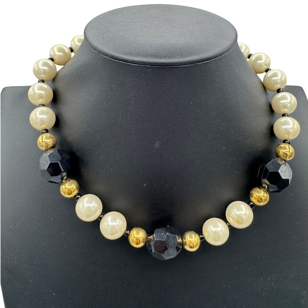 Vintage Ivory Black & Gold Faux Pearl Bead Statement Necklace